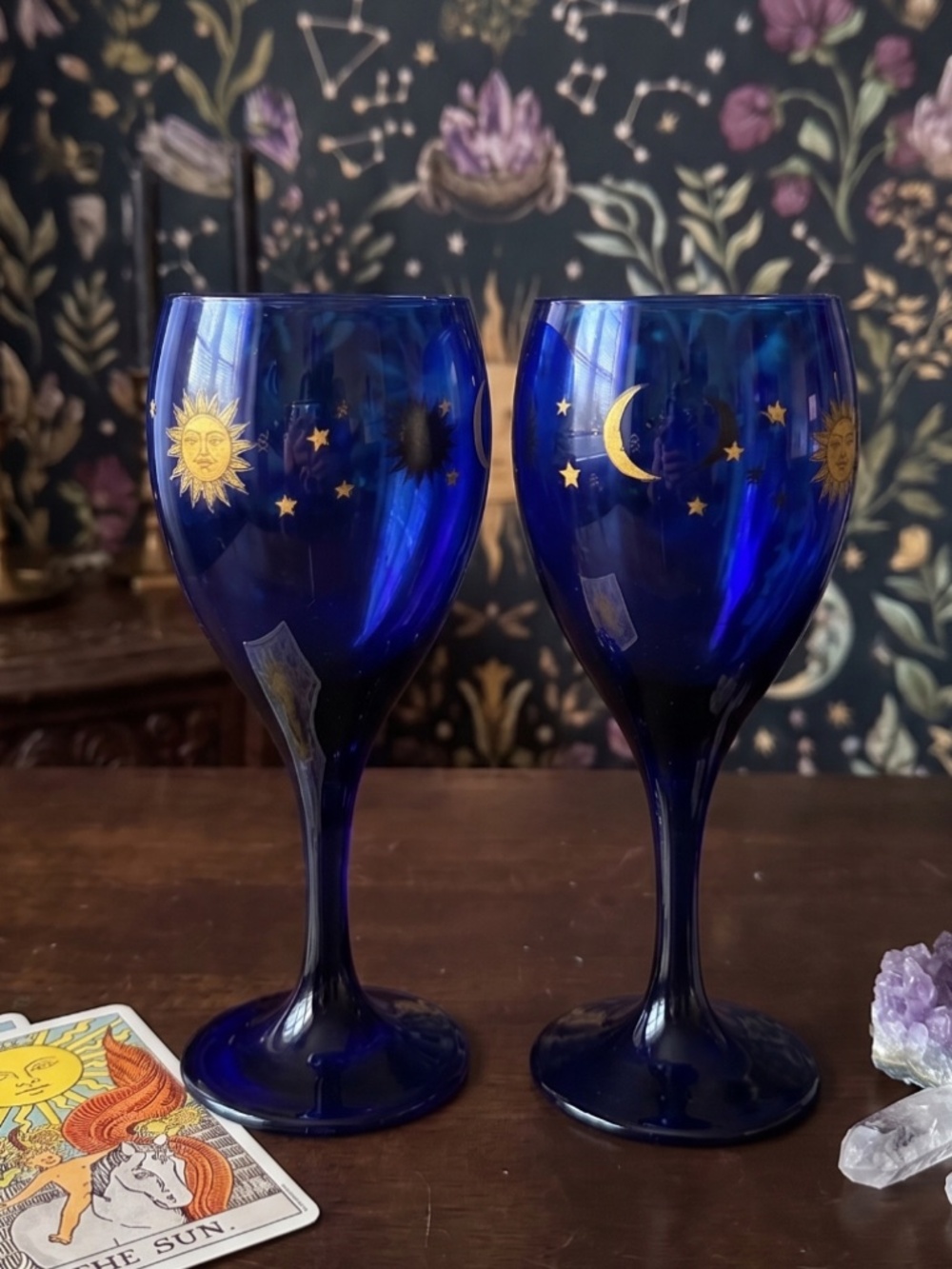 Vtg Set x 2 Libbey Celestial Wine Goblet Glasses Sun Moon Stars Glass Cobalt